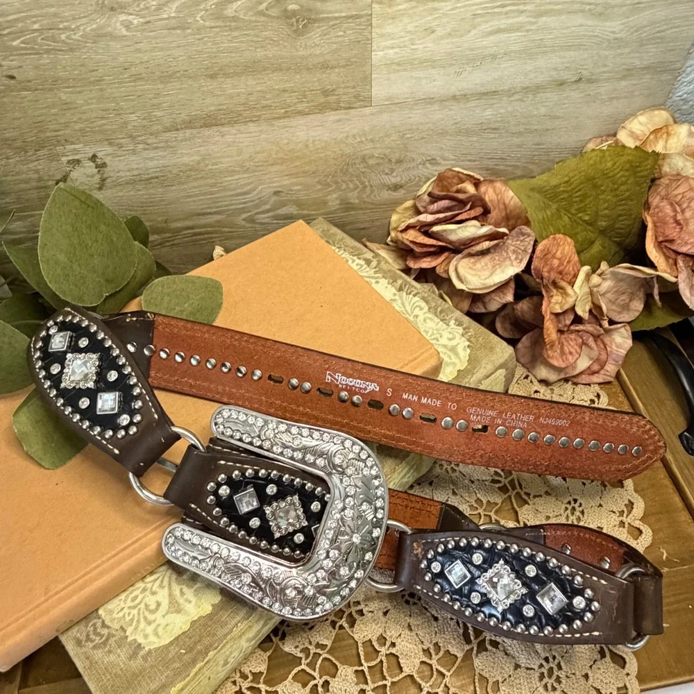 Nocona Belt Co Womens Brown Black Leather Rhinestone Studded Western Belt Small